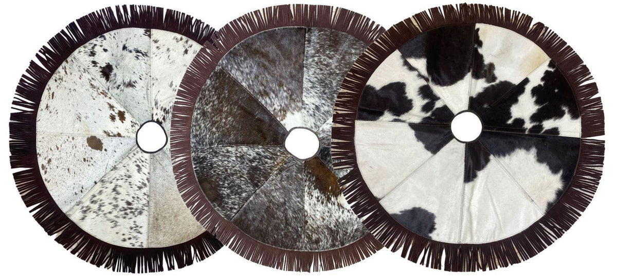 Hair-on cowhide Christmas tree skirt with leather fringe trim