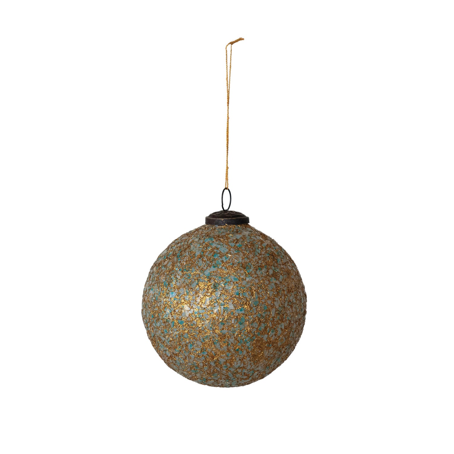 Teal and gold glass ball ornament with mica flakes