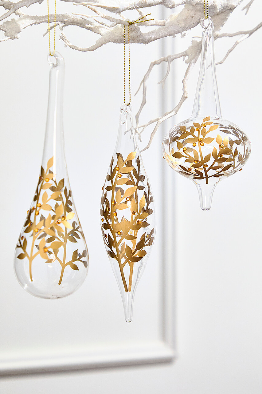 Clear glass icicle ornament with gold leaf detail