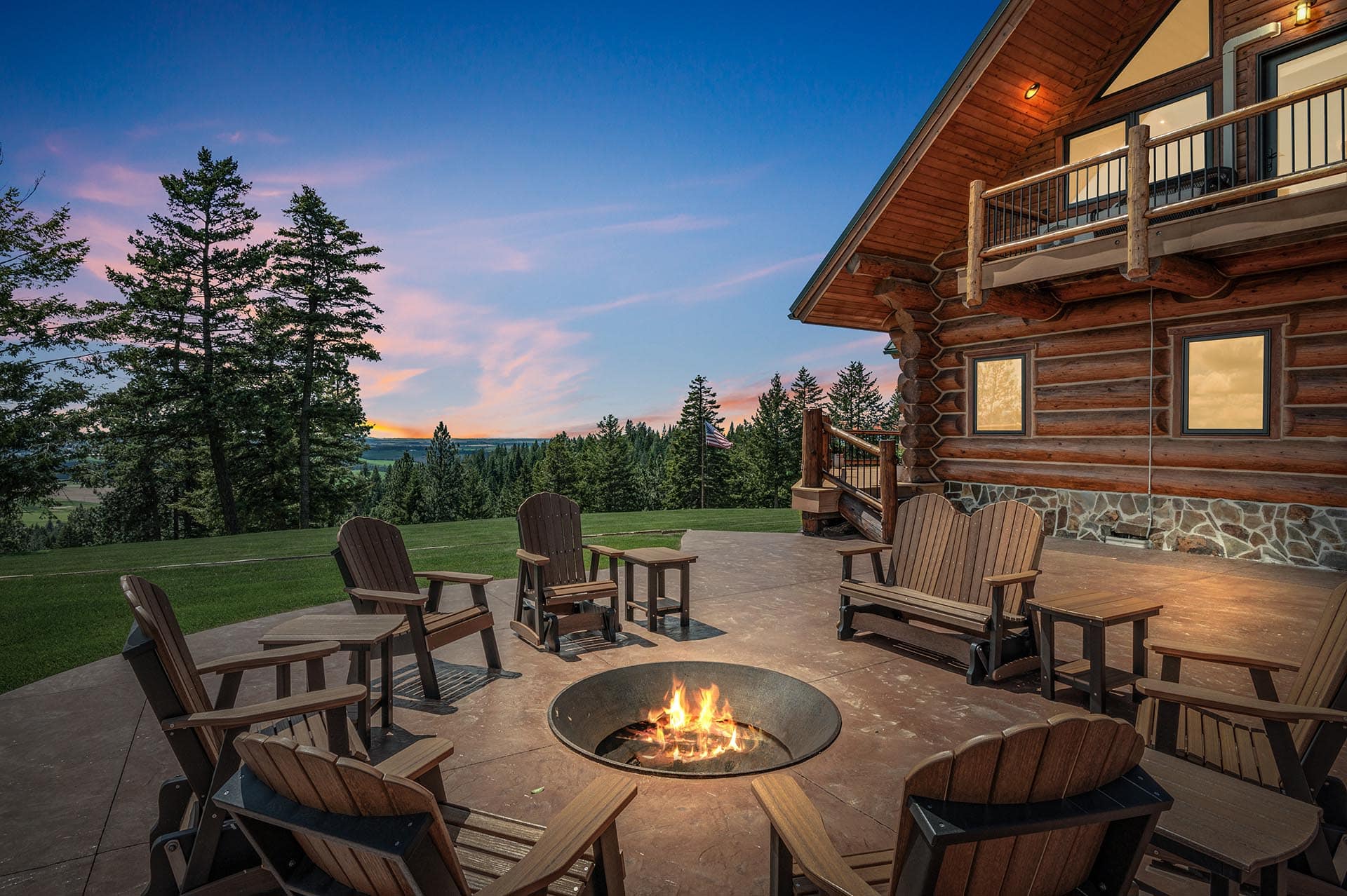 Firepit at sunset overlooking the valley at Painted Rose Ranch, Idaho