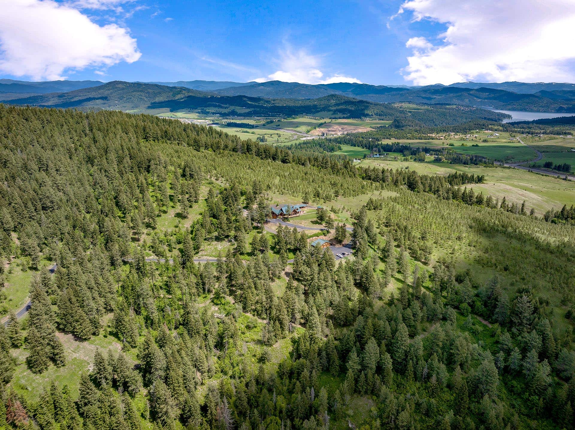 Aerial view of Painted Rose Ranch's 130 hillside acres above Lake Coeur d'Alene