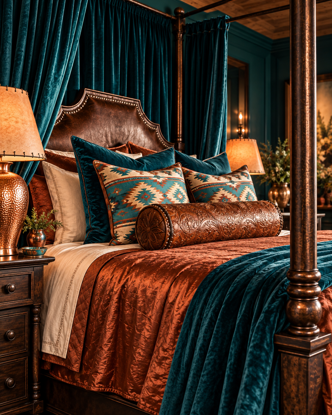 Copper velvet bedding, teal velvet pillows, southwestern pillows and a tooled leather bolster on a canopy bed hung with teal velvet drapes