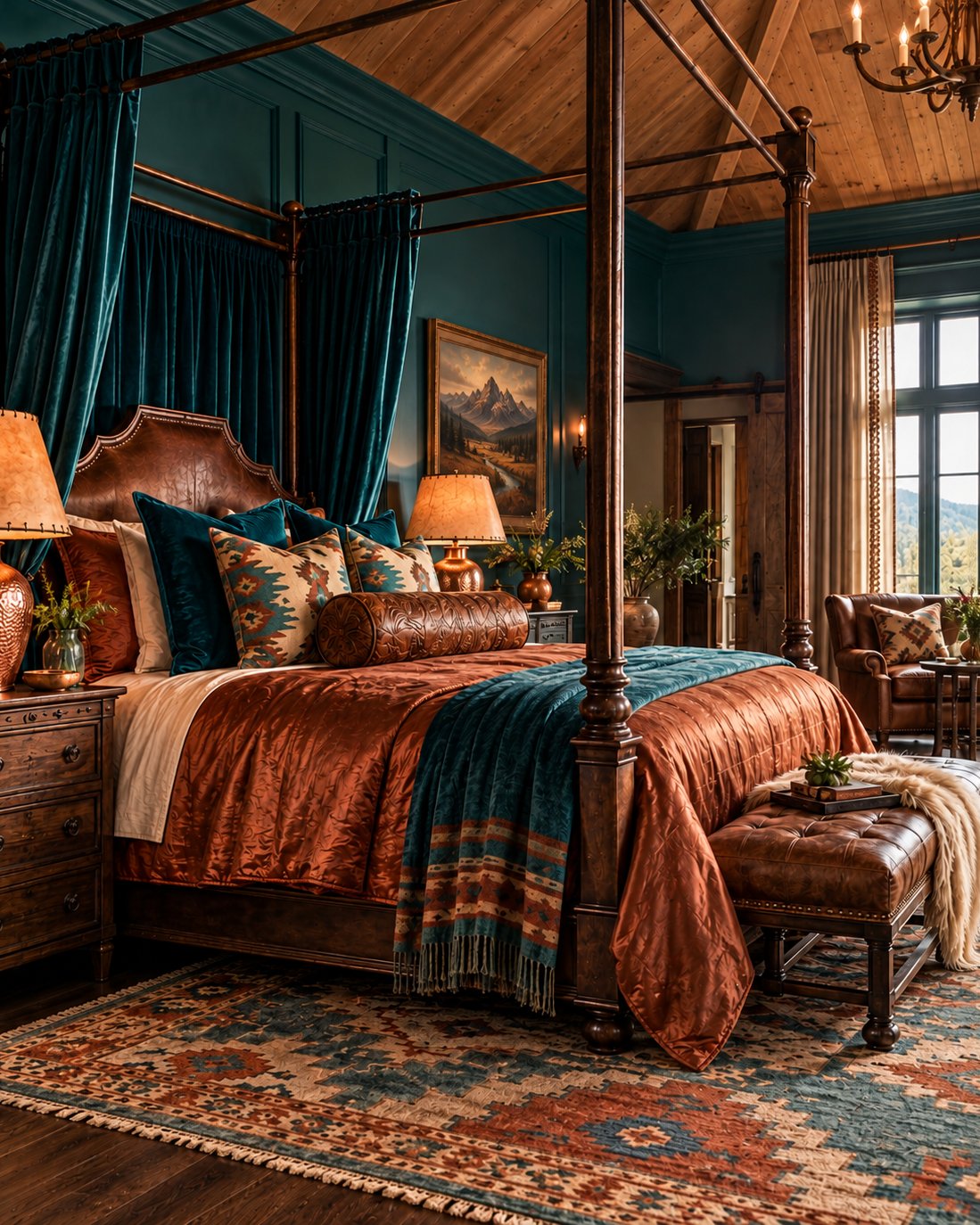 A western bedroom with deep teal walls, a dark four-poster canopy bed hung with teal velvet, copper velvet bedding, a mountain landscape painting and a southwestern rug under a warm wood ceiling