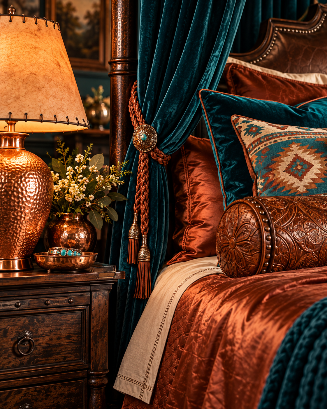 A hammered copper lamp with a laced parchment shade on a dark wood nightstand, beside teal velvet drapes held back with a braided leather tieback and a turquoise concho