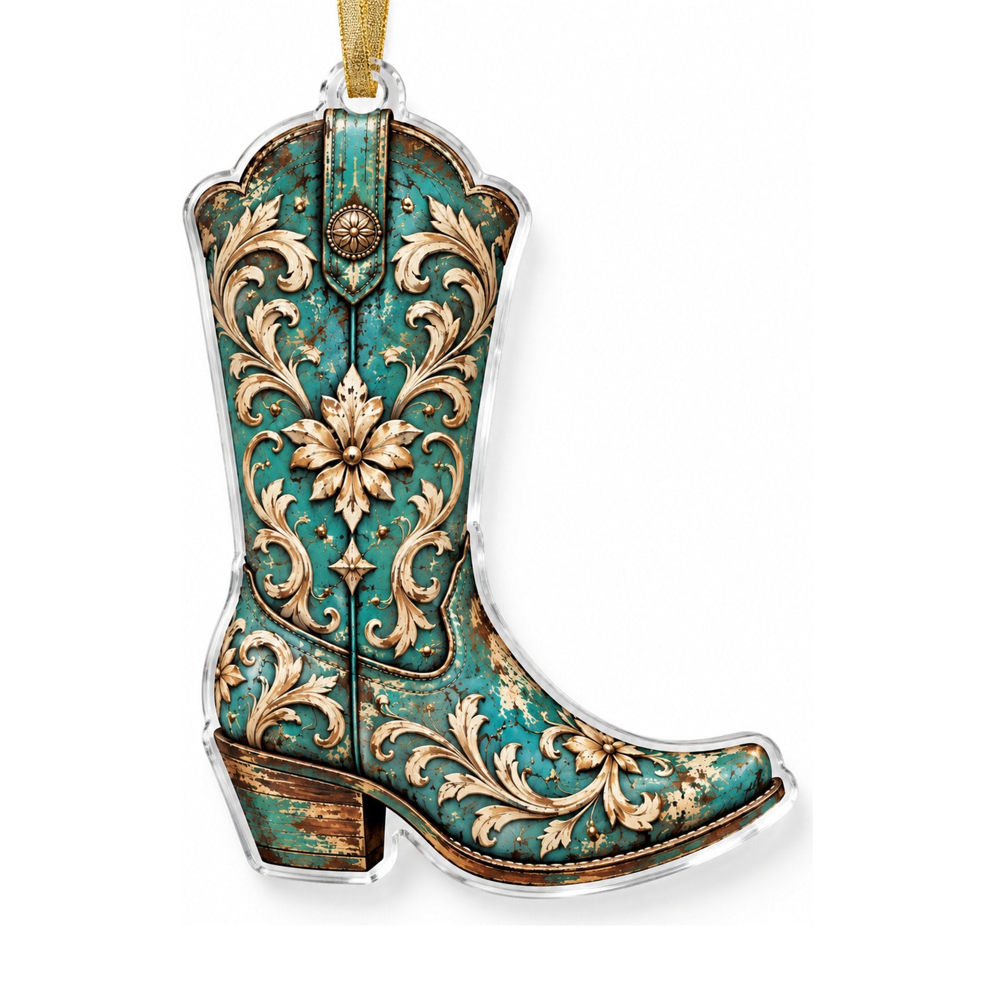 Clear acrylic cowboy boot ornament printed with distressed turquoise leather and ivory scrollwork and flowers