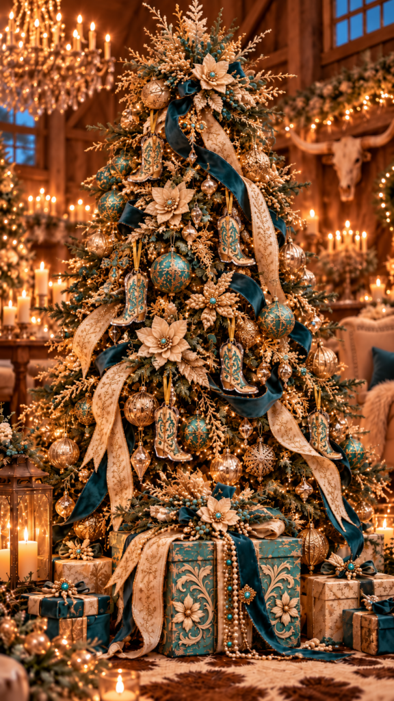 A western Christmas tree draped in teal velvet and ivory-and-gold ribbon, with cowboy boot ornaments, champagne poinsettias and gold glass ornaments, gifts wrapped in teal and gold below, in a candlelit ranch room