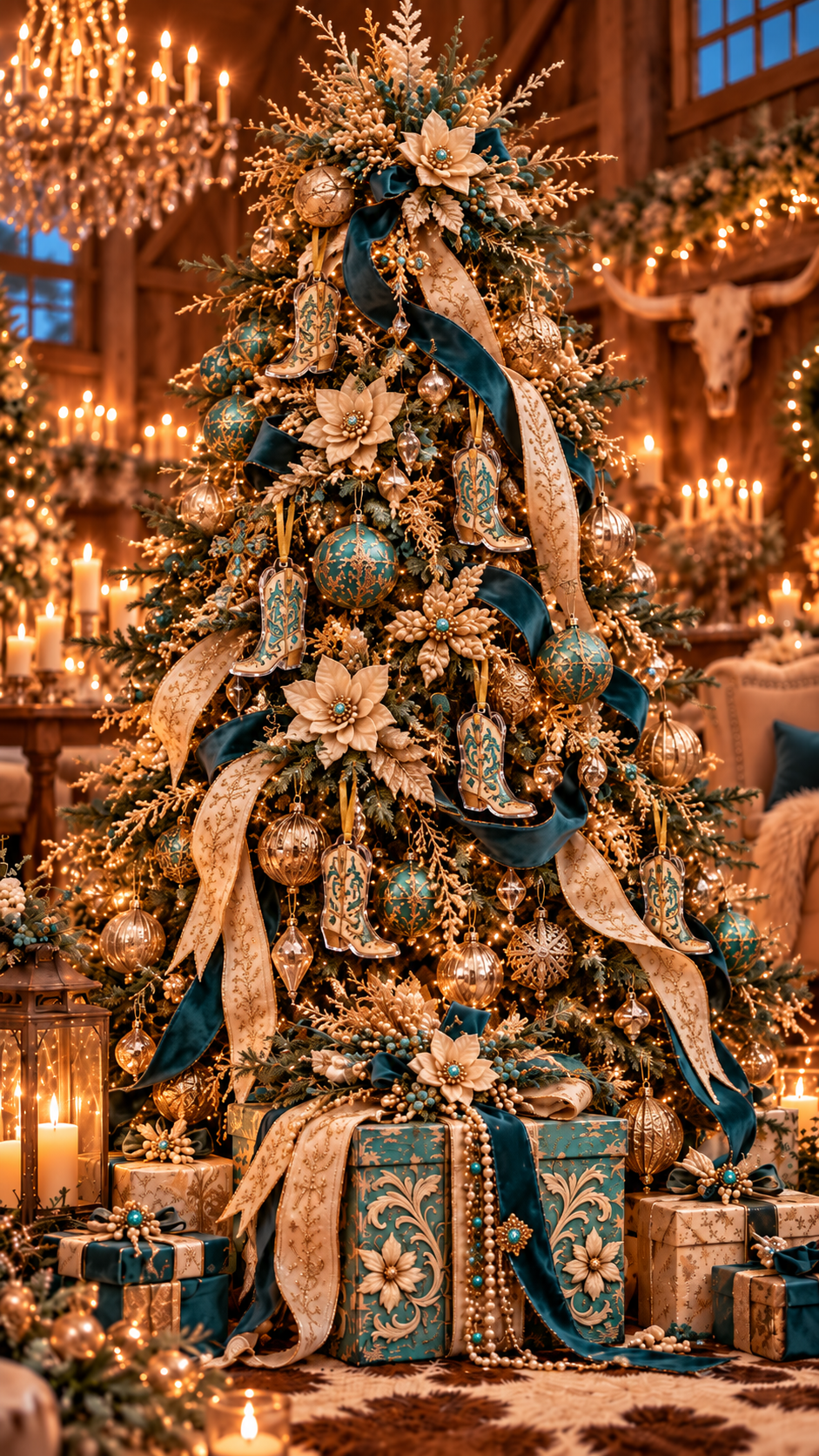 A western Christmas tree draped in teal velvet and ivory-and-gold ribbon, with cowboy boot ornaments, champagne poinsettias and gold glass ornaments, gifts wrapped in teal and gold below, in a candlelit ranch room