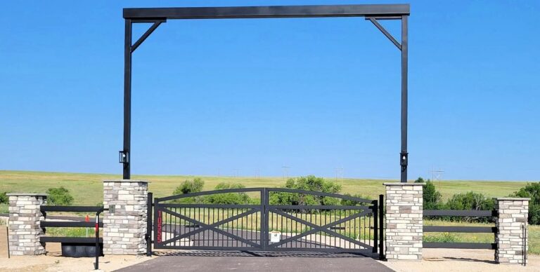 frisco gate steel entrance header stone pillars 1 768x388