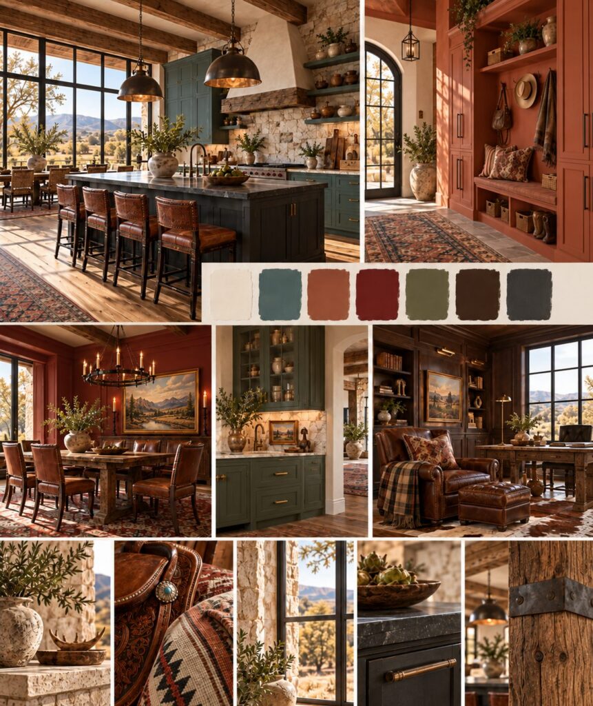 Western paint colors moodboard showing a rustic ranch kitchen, terracotta mudroom, red dining room, green butler's pantry and leather study, with seven paint swatches from warm white to charcoal