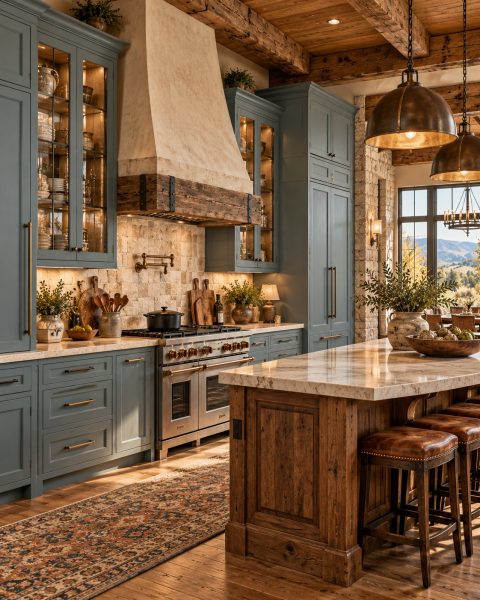 Ranch kitchen with cabinetry painted a muted blue-green like Benjamin Moore Aegean Teal, plaster range hood, timber beams, brass pendants and a reclaimed wood island