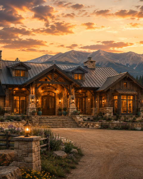 Western ranch lodge front exterior at sunset with mountain view — Amber Horizon Lodge AI concept home