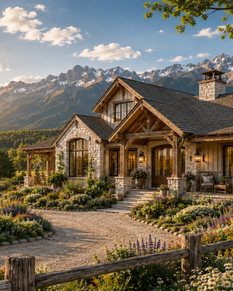 Modern mountain farmhouse front exterior at golden hour with wildflower gardens — Columbine Meadow AI concept home