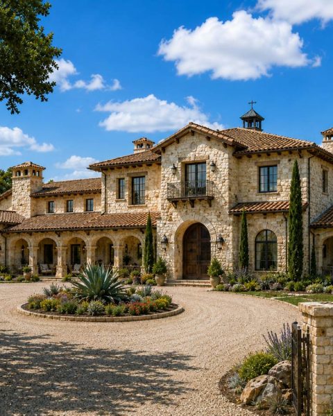 Two-story Spanish ranch limestone home with arcaded wings, clay tile roof and gravel motor court — Hill Country Hacienda AI concept home