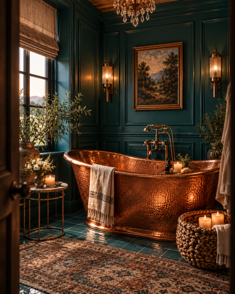 A hammered copper slipper tub with a brass telephone-style faucet in a paneled deep teal bathroom, with ribbed-glass sconces, a crystal chandelier and a landscape painting