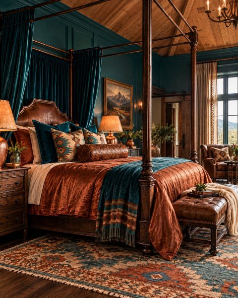 A western bedroom with deep teal walls, a dark four-poster canopy bed hung with teal velvet, copper velvet bedding, a mountain landscape painting and a southwestern rug under a warm wood ceiling