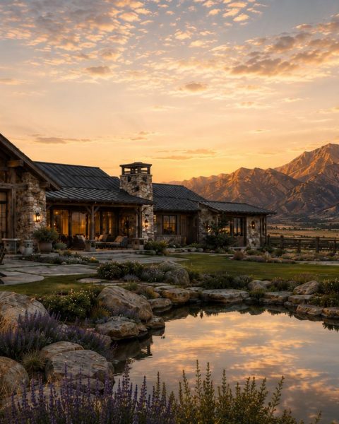 Rustic Ranch concept home at sunset with mountain view and pond, The Ranch Portfolio
