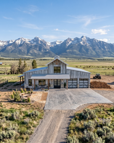 Modern grey barndominium with barn at dusk — Slate Ridge AI concept home exterior
