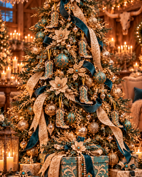 A western Christmas tree draped in teal velvet and ivory-and-gold ribbon, with cowboy boot ornaments, champagne poinsettias and gold glass ornaments, gifts wrapped in teal and gold below, in a candlelit ranch room